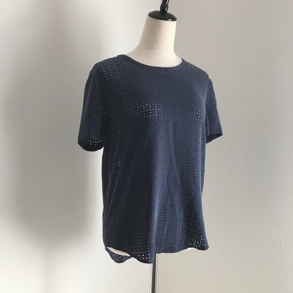 equipment Tops - EQUIPMENT Blue 100% Silk Perforated High Low Hem Short Sleeve Shirt